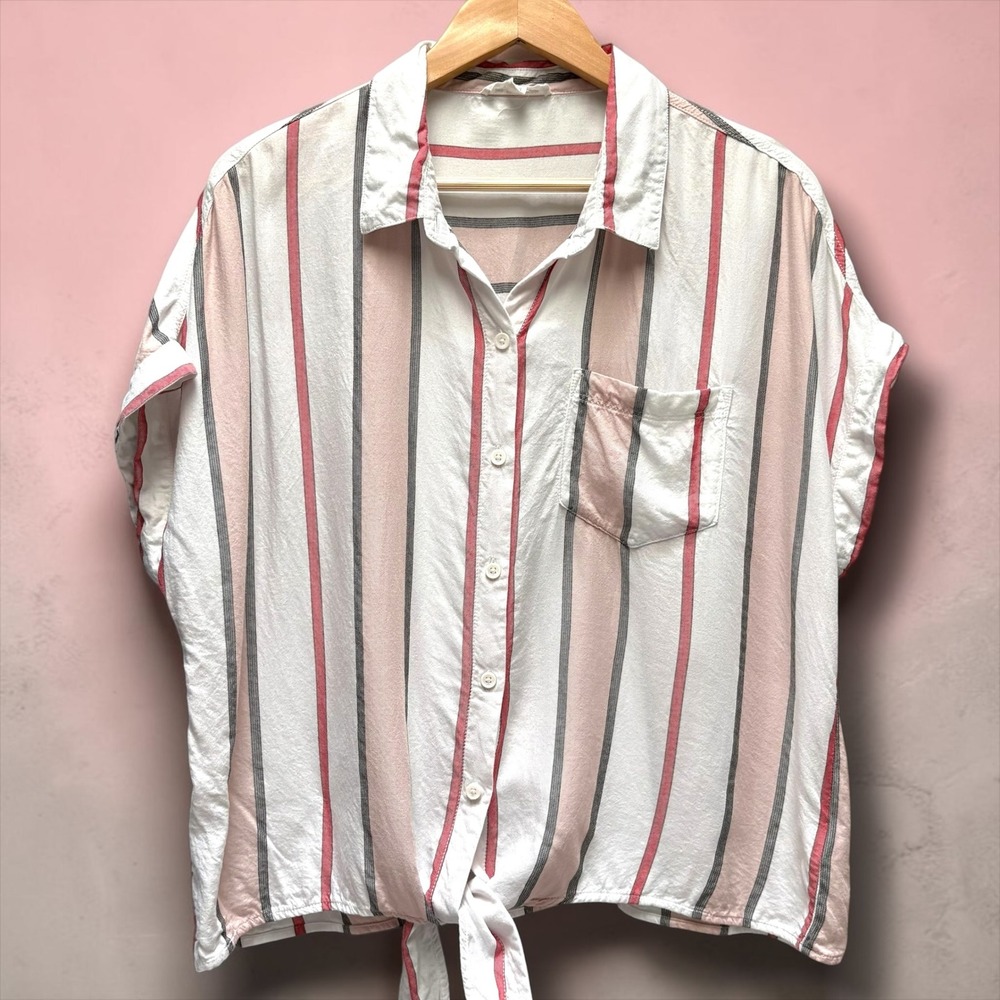 Beachlunchlounge Womens Pink Grey Striped Tie Front Button Down Shirt Large